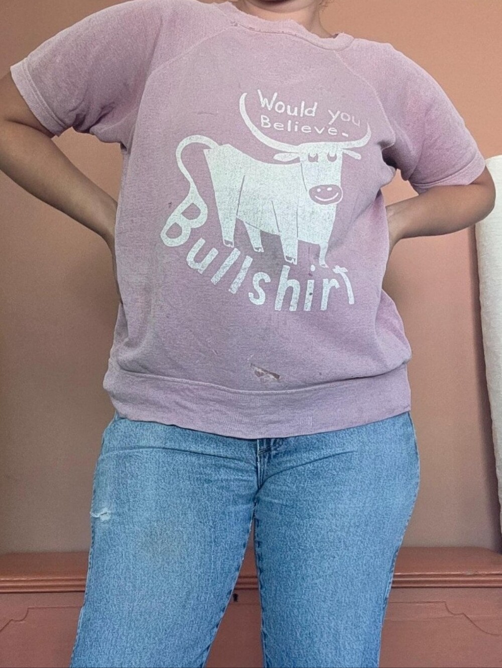 Vintage 1980s Pink 'Bullshirt' Distressed Short Sleeve Sweatshirt / Funny Shirt